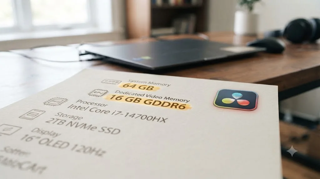 Illustration of a laptop spec sheet highlighting RAM and GPU VRAM requirements next to a DaVinci Resolve icon