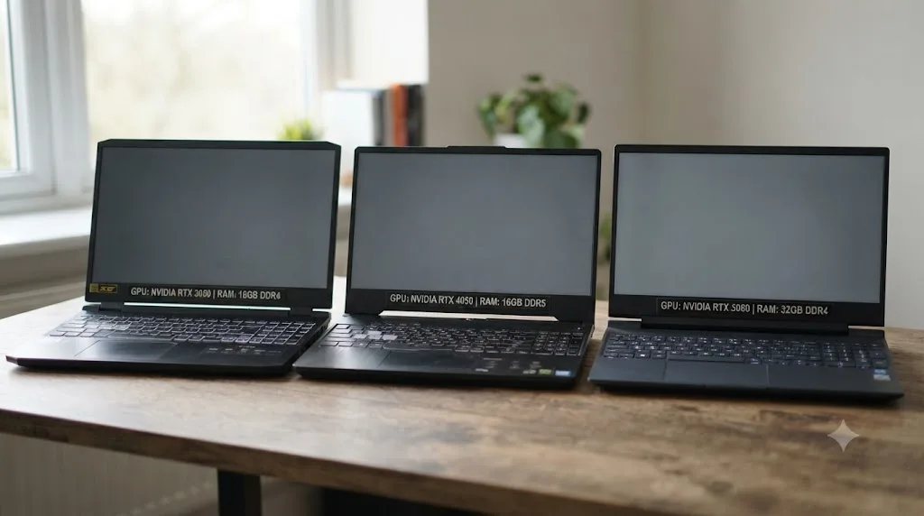 Illustration of three budget gaming laptops with their GPU and RAM specifications labeled below each screen