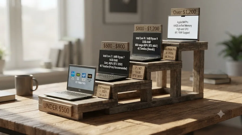 Illustration of a price ladder showing which laptop specs unlock at each budget tier for DaVinci Resolve
