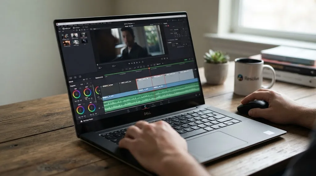 Illustration of a laptop's DaVinci Resolve timeline showing proxy media replacing heavy camera files for smooth playback