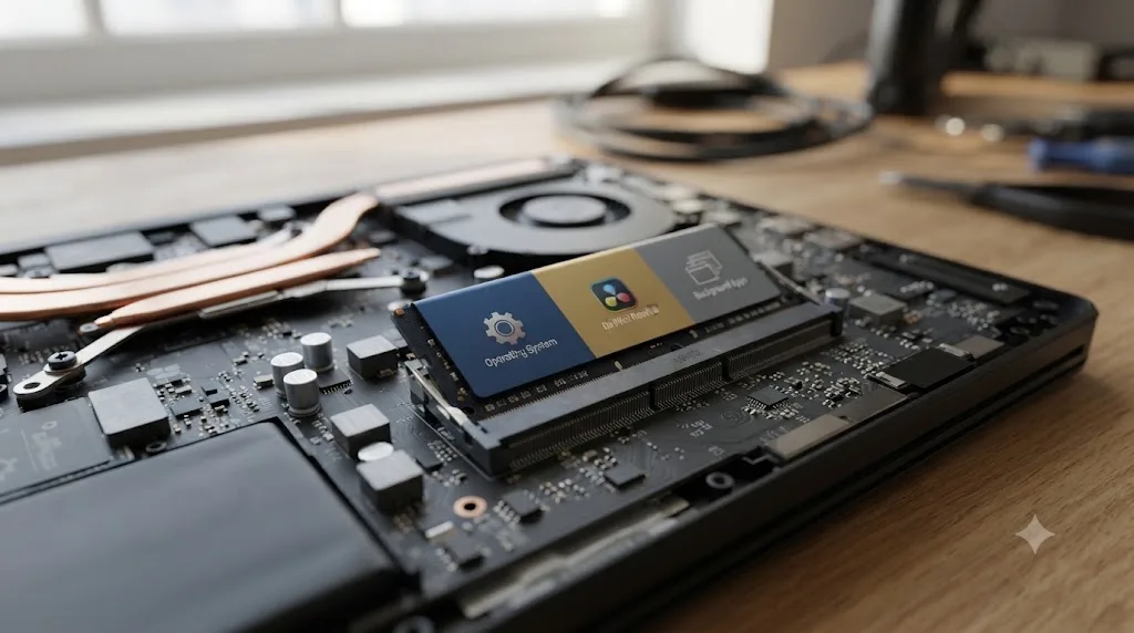 Illustration of a laptop's RAM divided between the operating system, DaVinci Resolve, and background apps