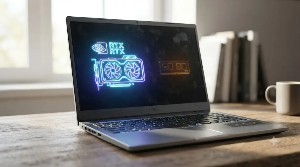 Illustration of a laptop with a strong GPU icon paired with an undersized RAM icon, showing a common budget spec trap