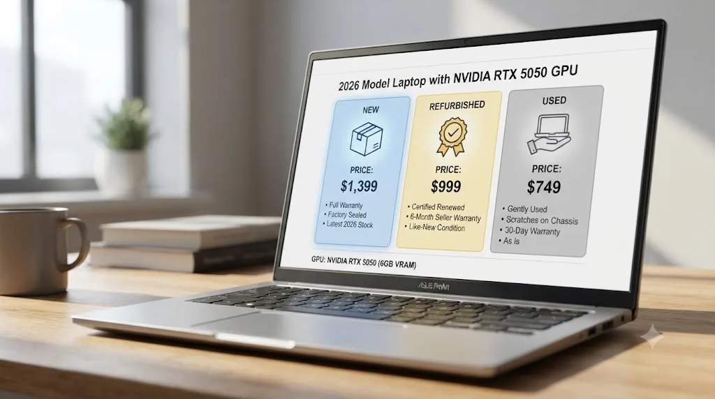 Illustration of a laptop marketplace listing comparing new, refurbished, and used pricing for the same GPU model