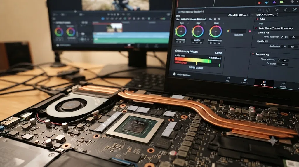 Illustration of a laptop GPU's VRAM meter filling up as DaVinci Resolve tools stack on top of raw footage