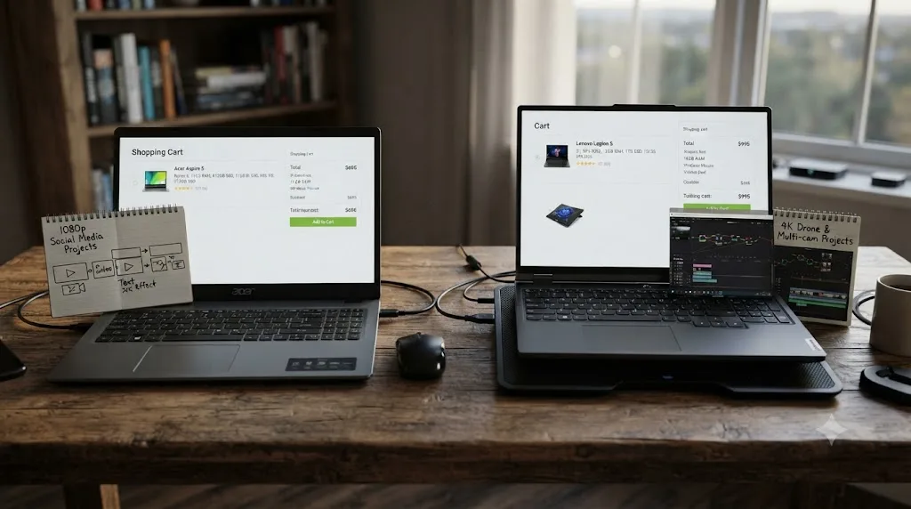 Illustration of two worked-example laptop budgets for DaVinci Resolve, one under $700 and one under $1000