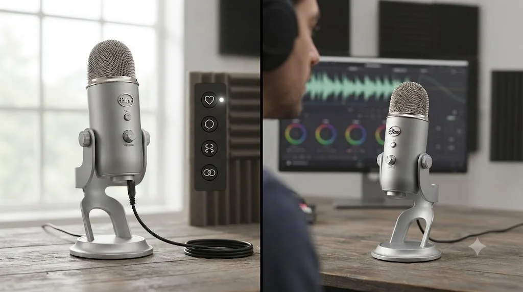 Illustration of the Blue Yeti microphone's four polar pattern options next to a simple single-voice voiceover setup