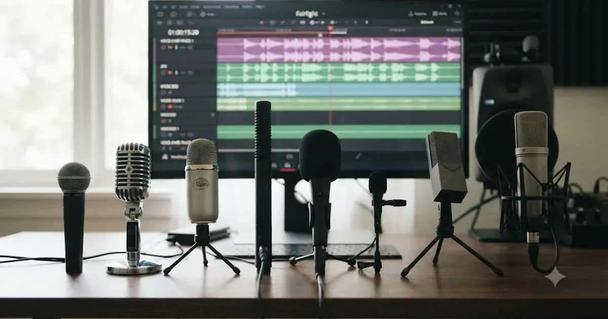 Illustration of a row of budget USB and XLR microphones lined up next to a DaVinci Resolve Fairlight audio timeline
