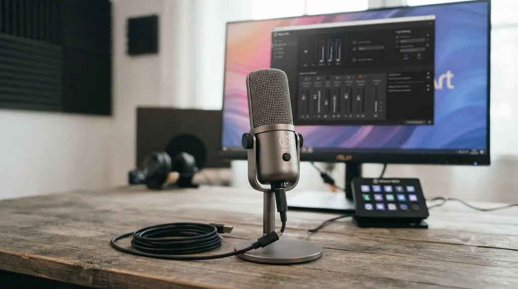 Illustration of the Elgato Wave:3 microphone on a desk with the Wave Link mixing software visible on a monitor