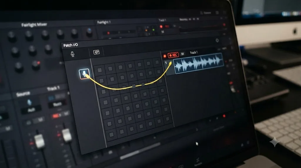 Illustration of the DaVinci Resolve Fairlight Patch Input/Output menu connecting a microphone to an armed recording track