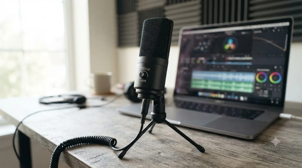 Illustration of the Fifine K669B USB condenser microphone on a desk next to a laptop running DaVinci Resolve