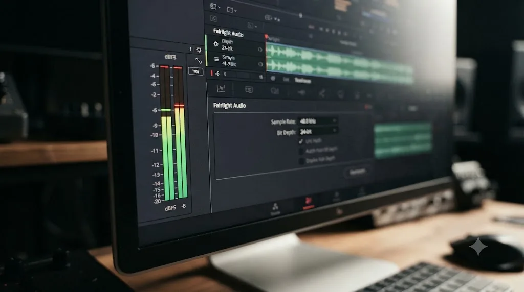 Illustration of a DaVinci Resolve Fairlight audio meter showing correctly gain-staged voiceover levels next to matched sample rate settings