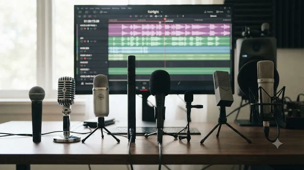 Illustration of eight budget microphones lined up in front of a DaVinci Resolve Fairlight audio timeline
