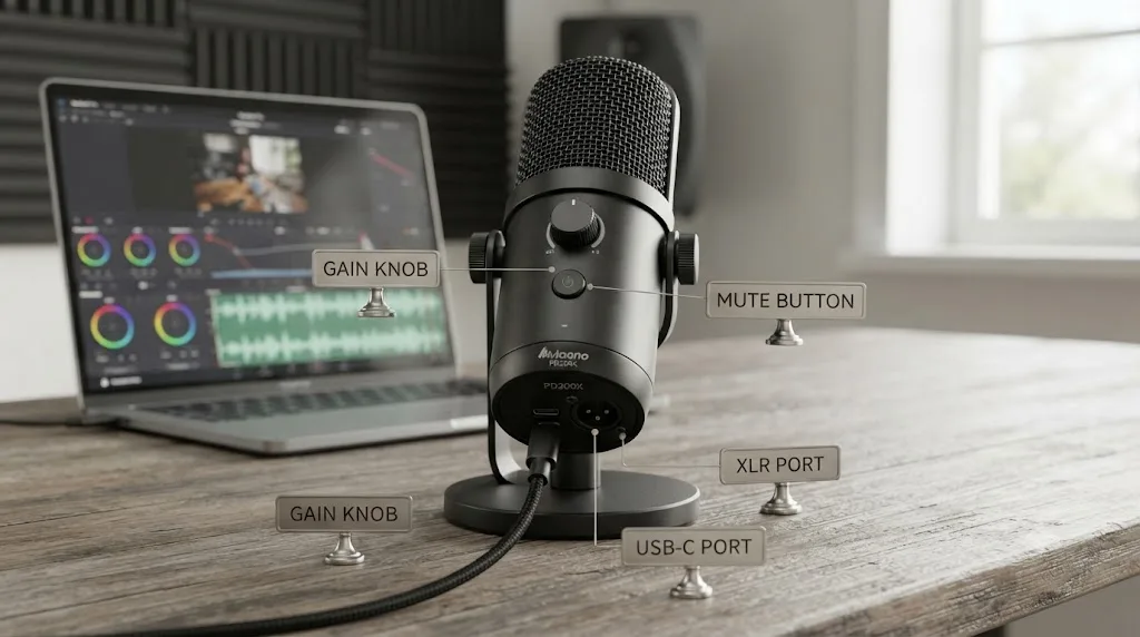Illustration of the Maono PD200X microphone with its gain knob, mute button, and dual USB-C and XLR ports labeled