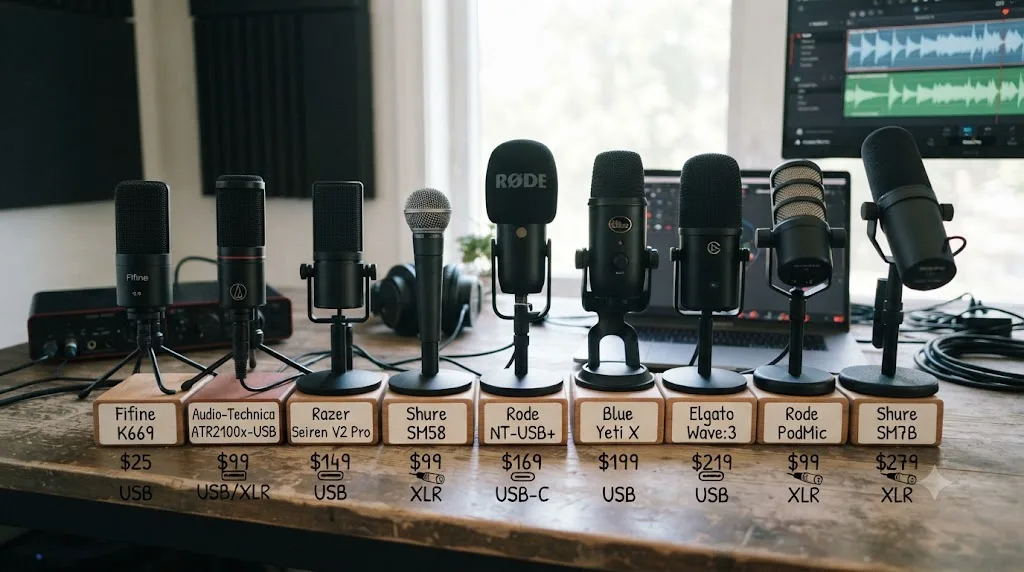 Illustration of a price and connection-type comparison chart for eight budget microphones for DaVinci Resolve