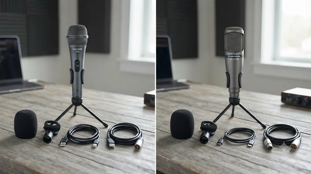 Illustration comparing the Samson Q2U and Audio-Technica ATR2100x-USB microphones with their included accessories