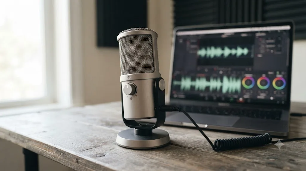 Illustration of the Rode NT-USB Mini microphone showing its built-in pop filter and headphone jack