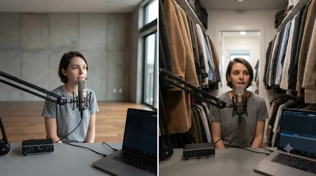 Illustration comparing a voiceover recording in a bare hard-surfaced room versus recorded inside a closet lined with clothes for sound absorption