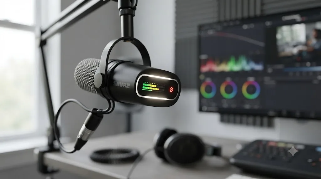 Illustration of the Shure MV7+ microphone with its LED touch panel display for level metering and mute control