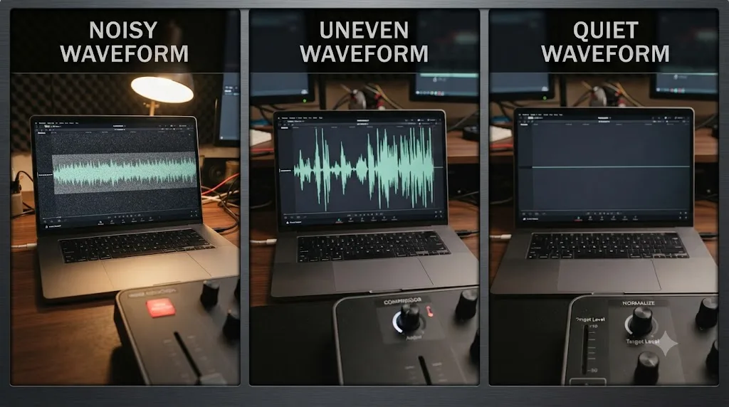 Illustration of three separate audio problems, noise, unevenness, and low loudness, each labeled with its DaVinci Resolve Fairlight fix