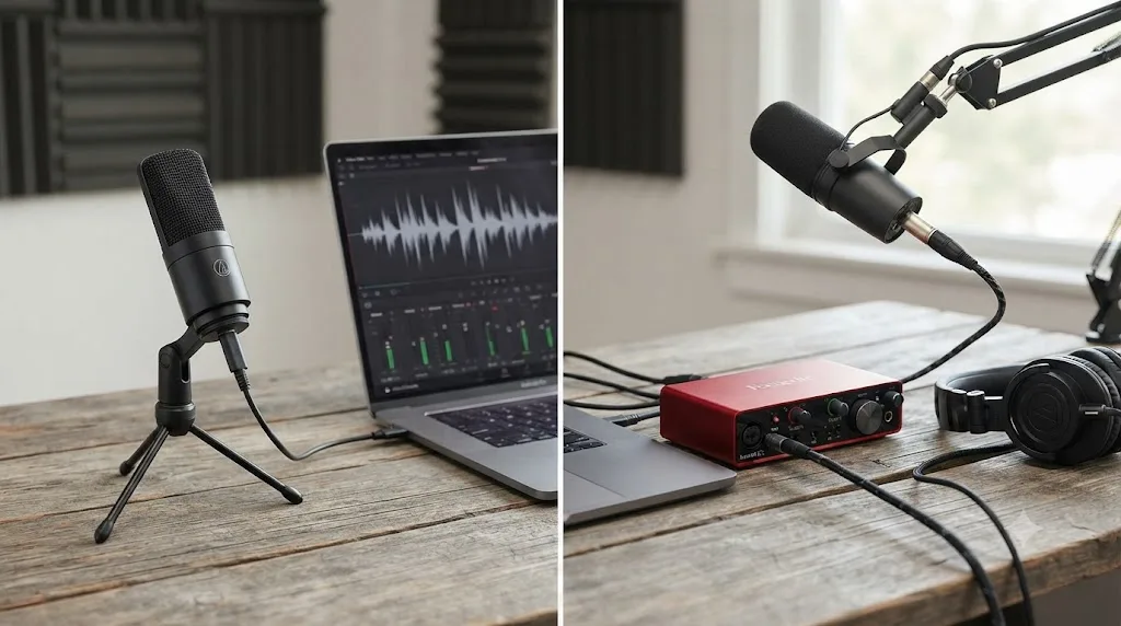Illustration comparing a USB microphone connecting directly to a computer versus an XLR microphone routed through an audio interface