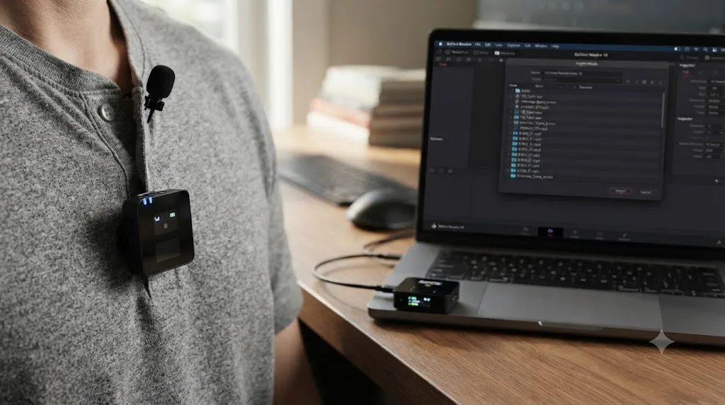 Illustration of a wireless lavalier microphone transmitter next to a laptop showing a DaVinci Resolve media import window
