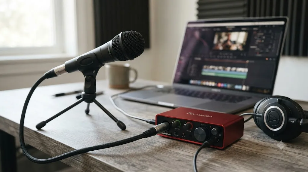 Illustration of a Behringer XM8500 microphone connected through a Focusrite Scarlett Solo audio interface to a laptop