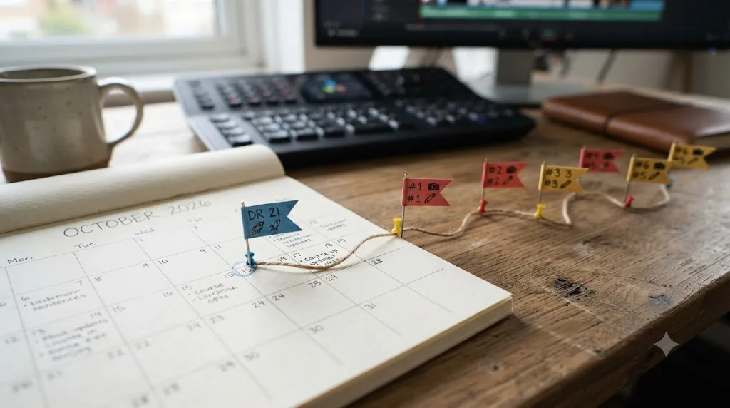 Illustration of a 2026 timeline showing DaVinci Resolve 21 shipping ahead of course updates