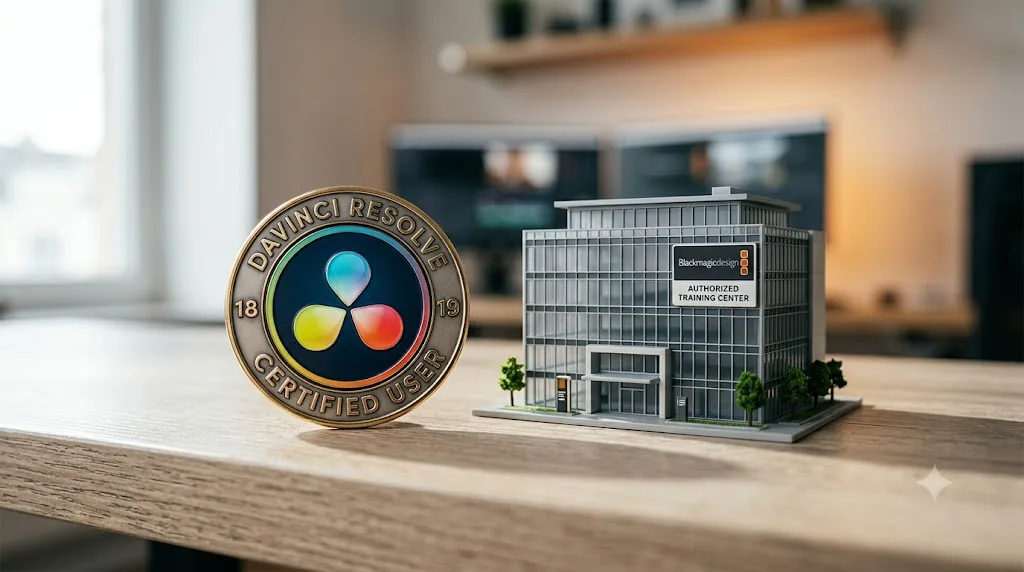 Illustration of a DaVinci Resolve certification badge next to a training center icon