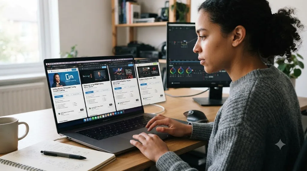 Illustration of someone comparing several DaVinci Resolve course options on a laptop screen