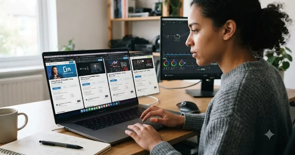 Illustration of someone comparing several DaVinci Resolve course options on a laptop screen