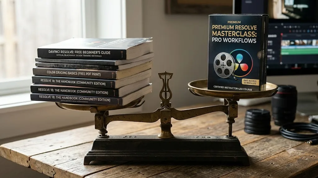 Illustration of free DaVinci Resolve training materials weighed against paid courses
