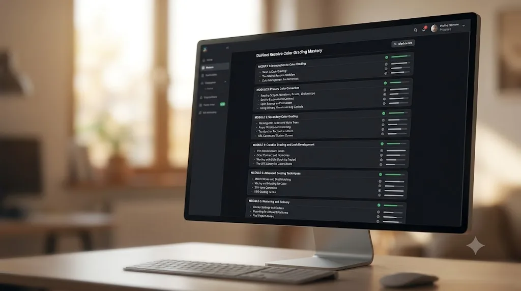 Illustration of an online course module list for DaVinci Resolve color correction training