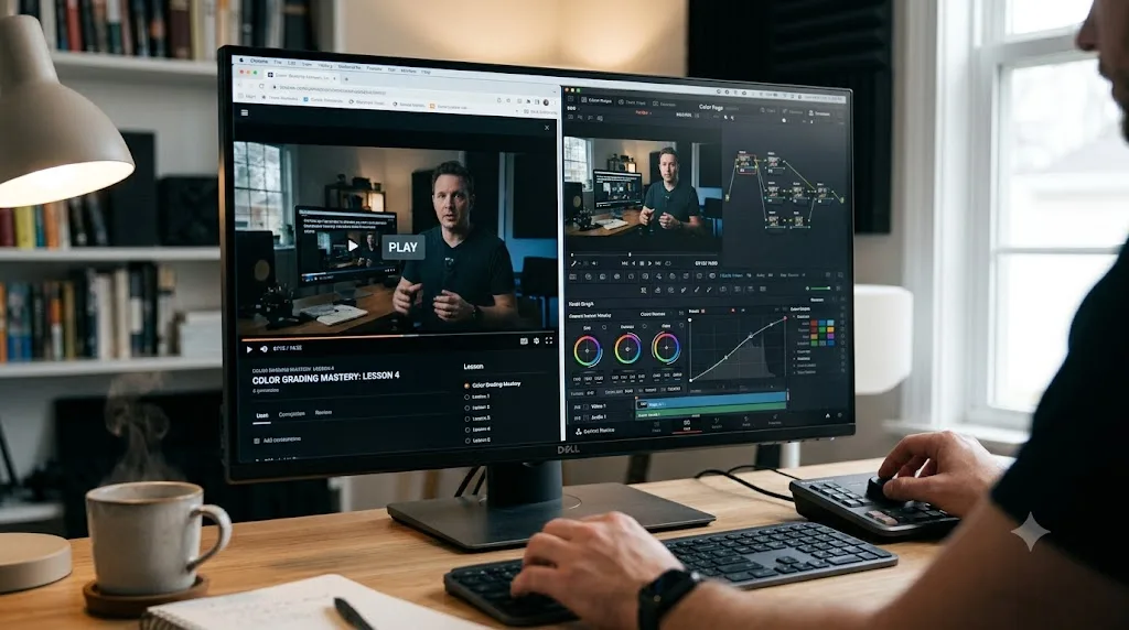 Illustration of practicing in DaVinci Resolve alongside a paused video course