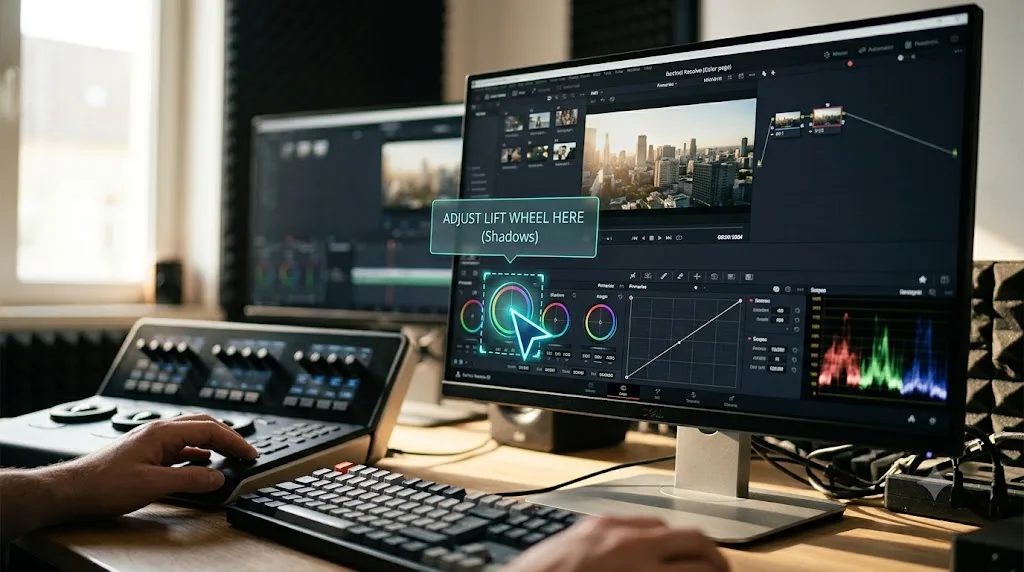Illustration of an AI tutor overlay pointing at a control inside DaVinci Resolve