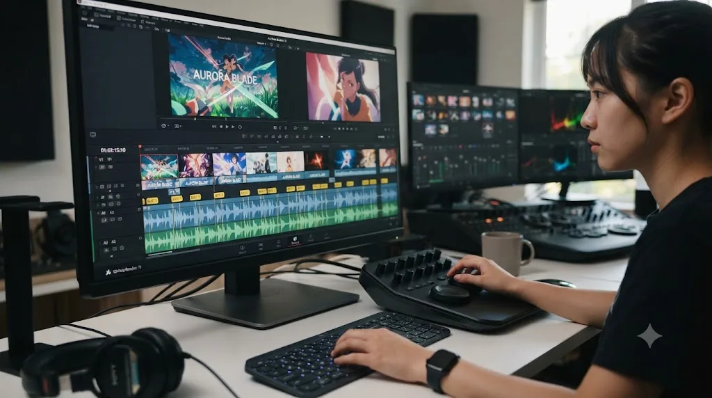 Illustration of an anime music video timeline with beat markers along an audio waveform