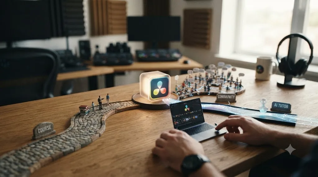 Illustration of three learning paths, a course, a community, and an AI tutor, converging on one DaVinci Resolve project