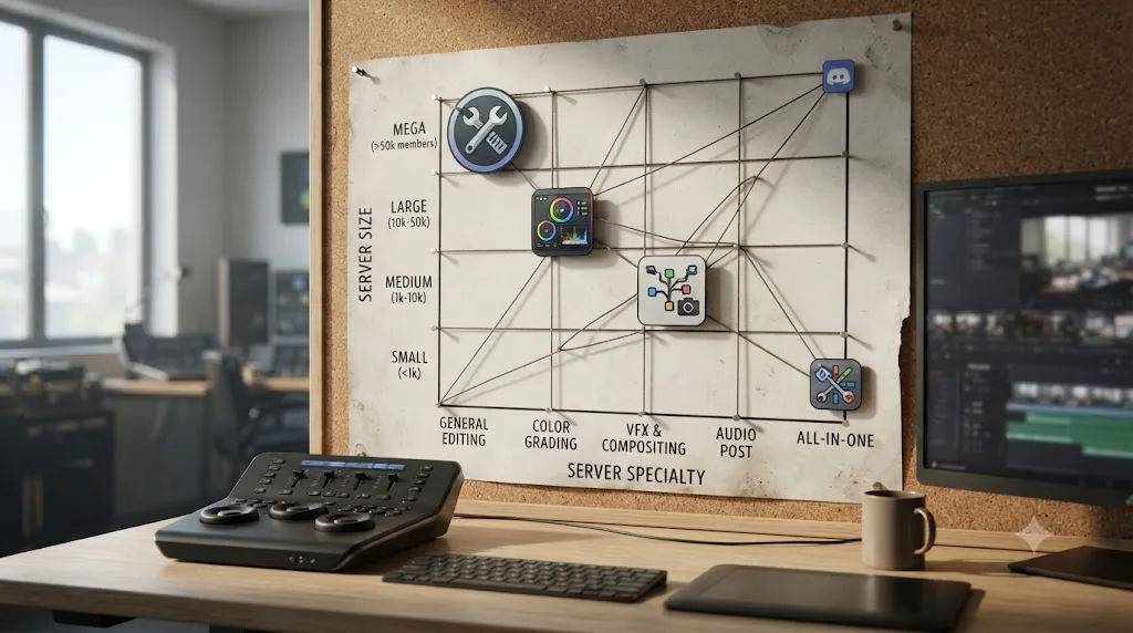 Illustration of a decision grid comparing Discord servers by size and specialty