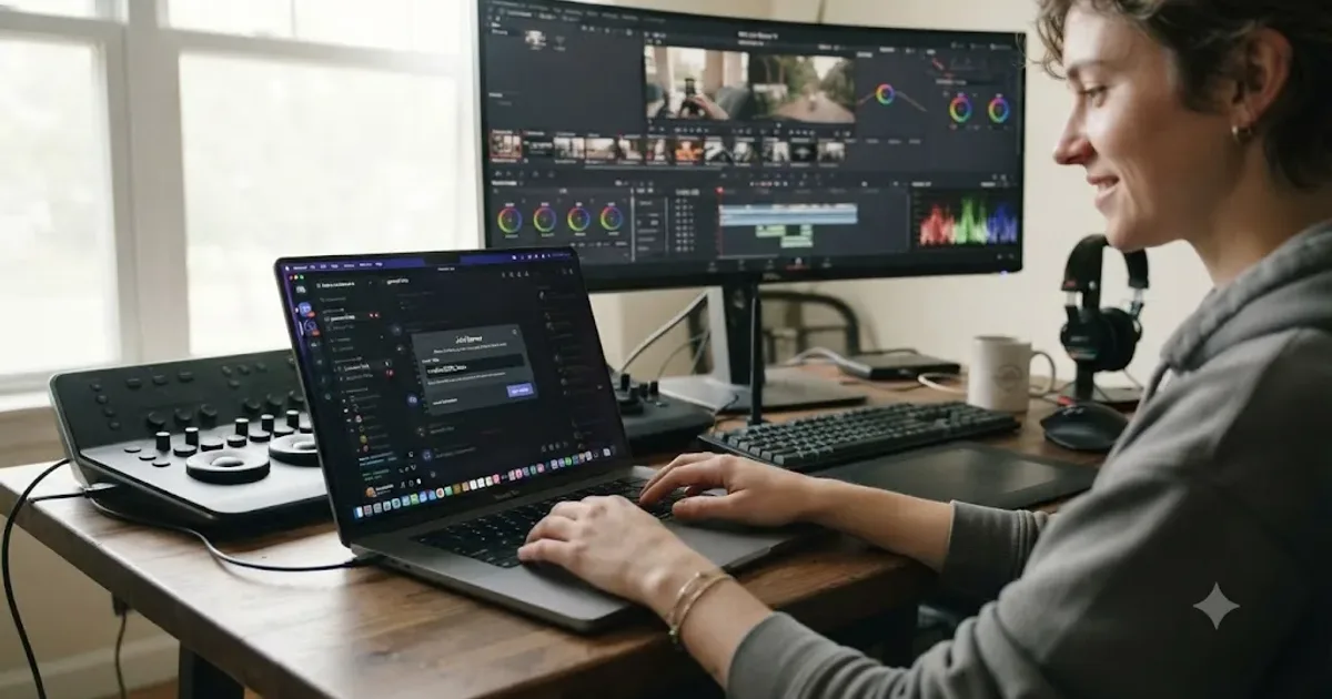 Illustration of several Discord server icons orbiting a DaVinci Resolve color wheel logo