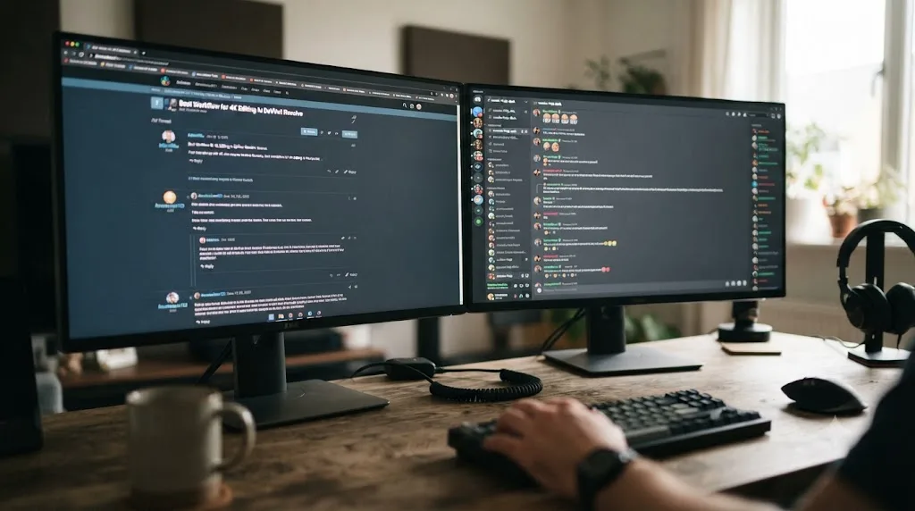 Illustration of a threaded forum page shown side by side with a fast-scrolling Discord chat