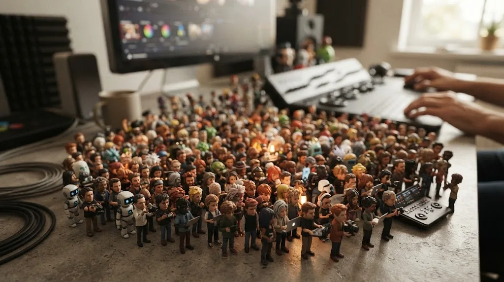 Illustration of a crowd of editor avatars representing a large general video editing community