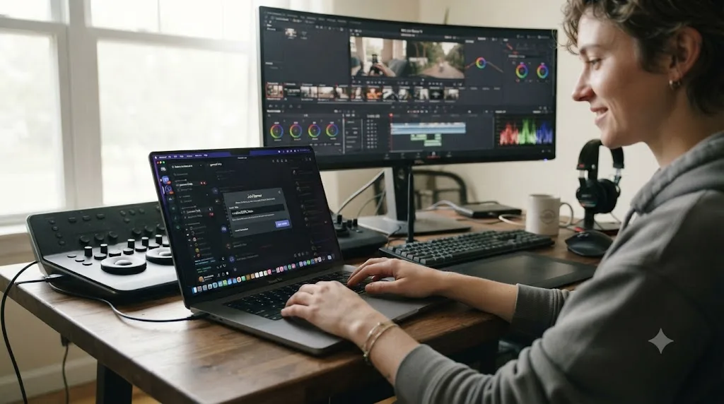 Illustration of someone joining a DaVinci Resolve Discord community on a laptop