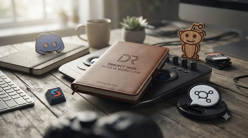 Illustration of several community platform logos arranged around a DaVinci Resolve project file