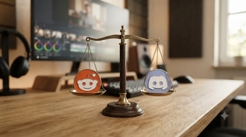 Illustration of a Reddit logo and a Discord logo balanced on opposite sides of a scale