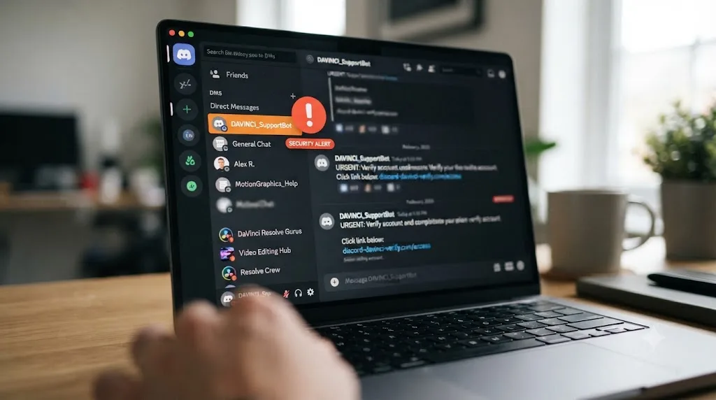 Illustration of a warning icon over a suspicious direct message notification inside a Discord app