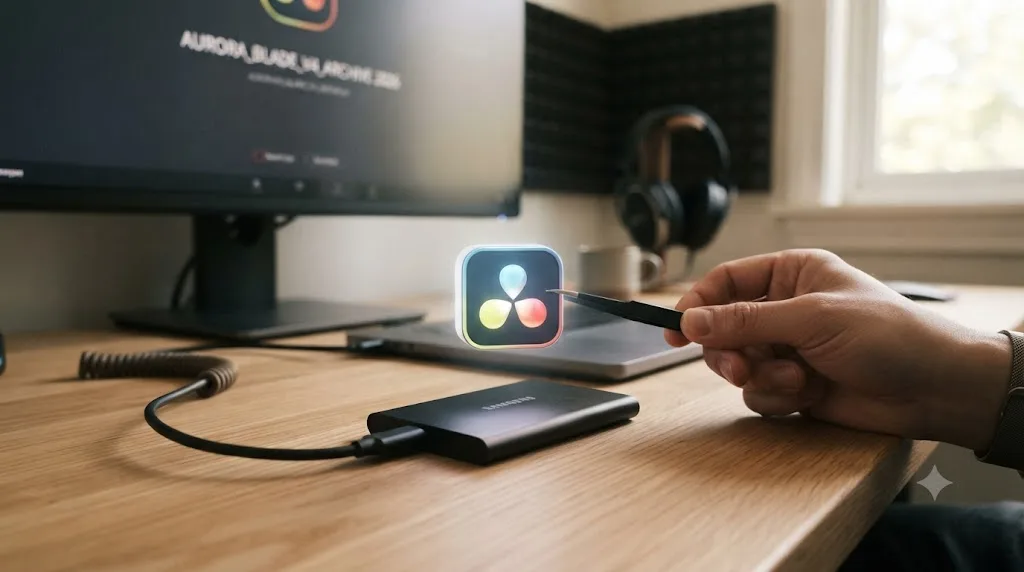 Illustration of a DaVinci Resolve project file icon being shared without attached source media
