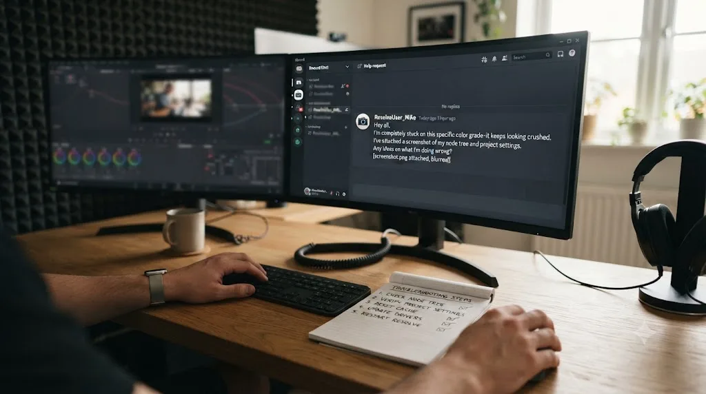 Illustration of an unanswered Discord message next to a troubleshooting checklist