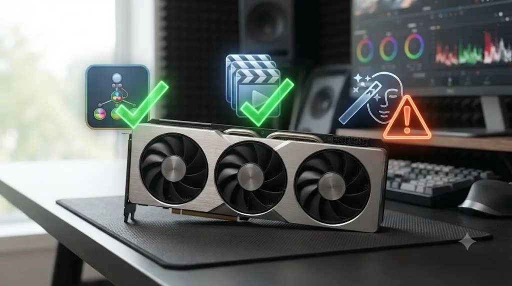 Illustration of an AMD Radeon RX 9070 XT graphics card with strengths marked for Fusion and codecs and a warning for AI features