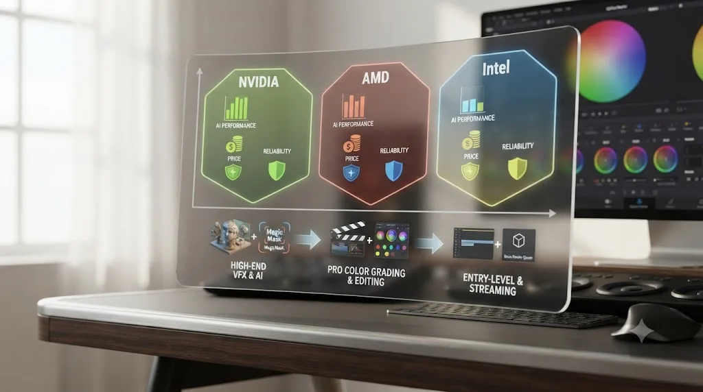 Illustration of a decision chart comparing NVIDIA, AMD, and Intel graphics cards for DaVinci Resolve by AI performance, price, and reliability