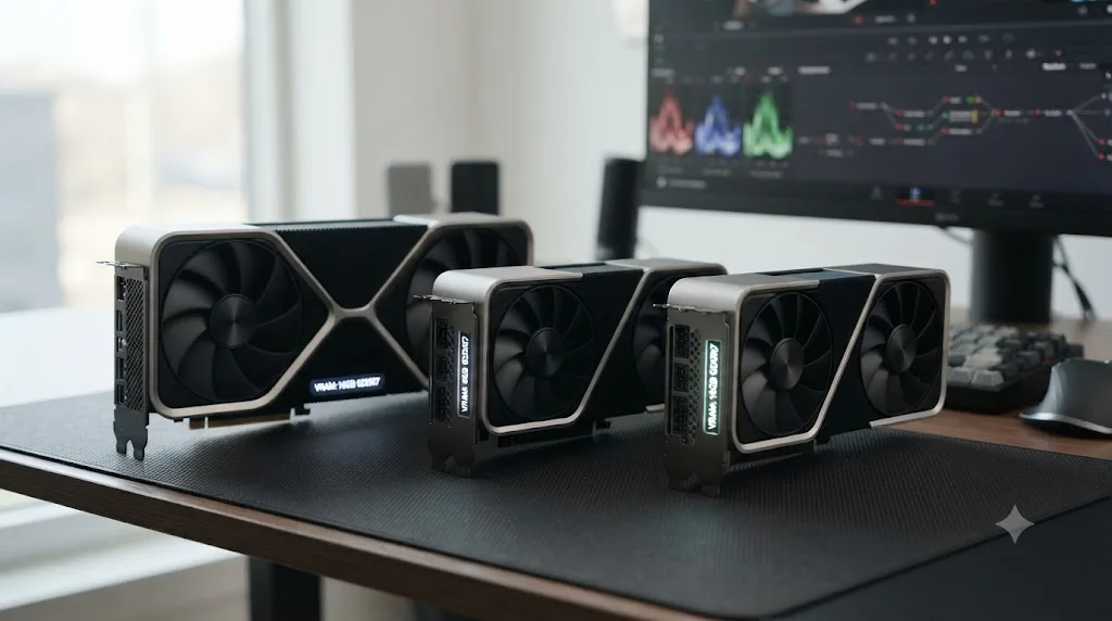 Illustration of an RTX 5070 and two RTX 5060 Ti configurations with 8GB and 16GB VRAM capacities highlighted