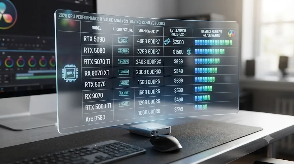 Illustration of a comparison table ranking 2026 graphics cards by VRAM, price, and DaVinci Resolve performance